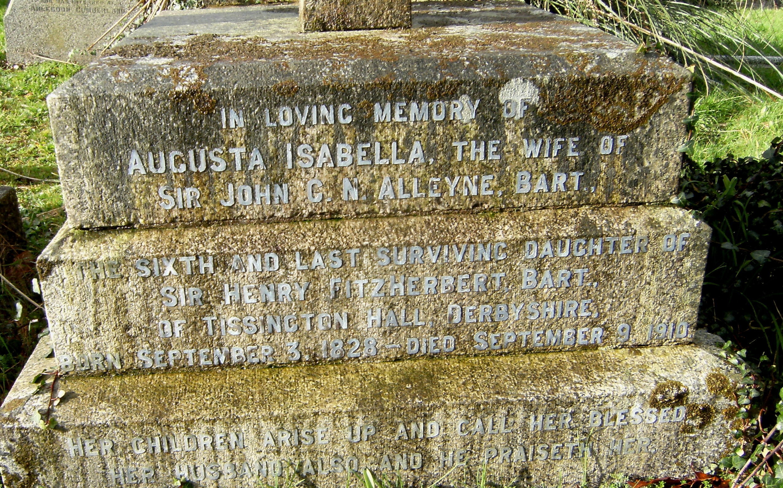 Sir John Gay Newton Alleyne, 3rd Bart. & Augusta Isabella (Fitzherbert) grave