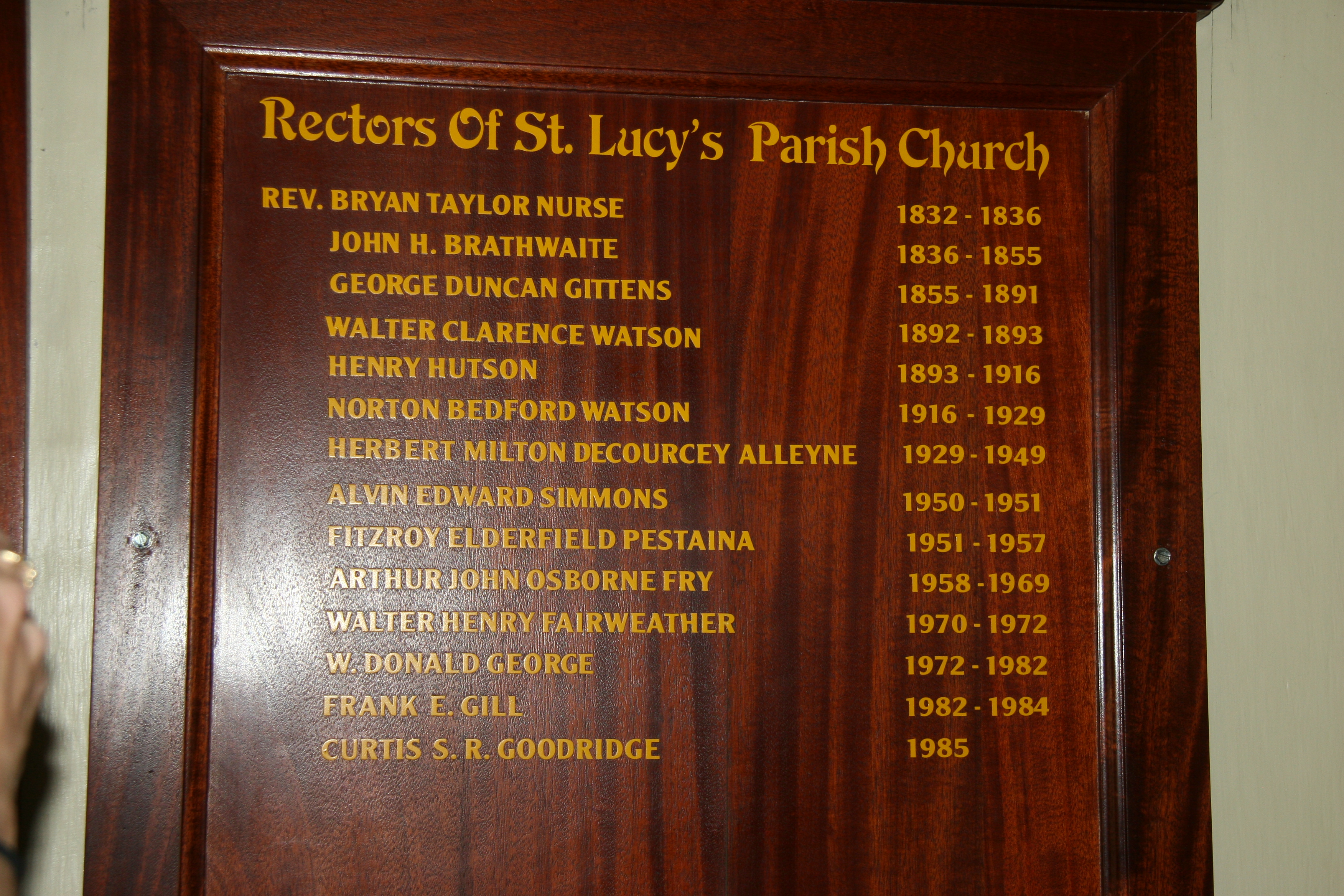 Rectors of St. Lucy Parish Church plaque