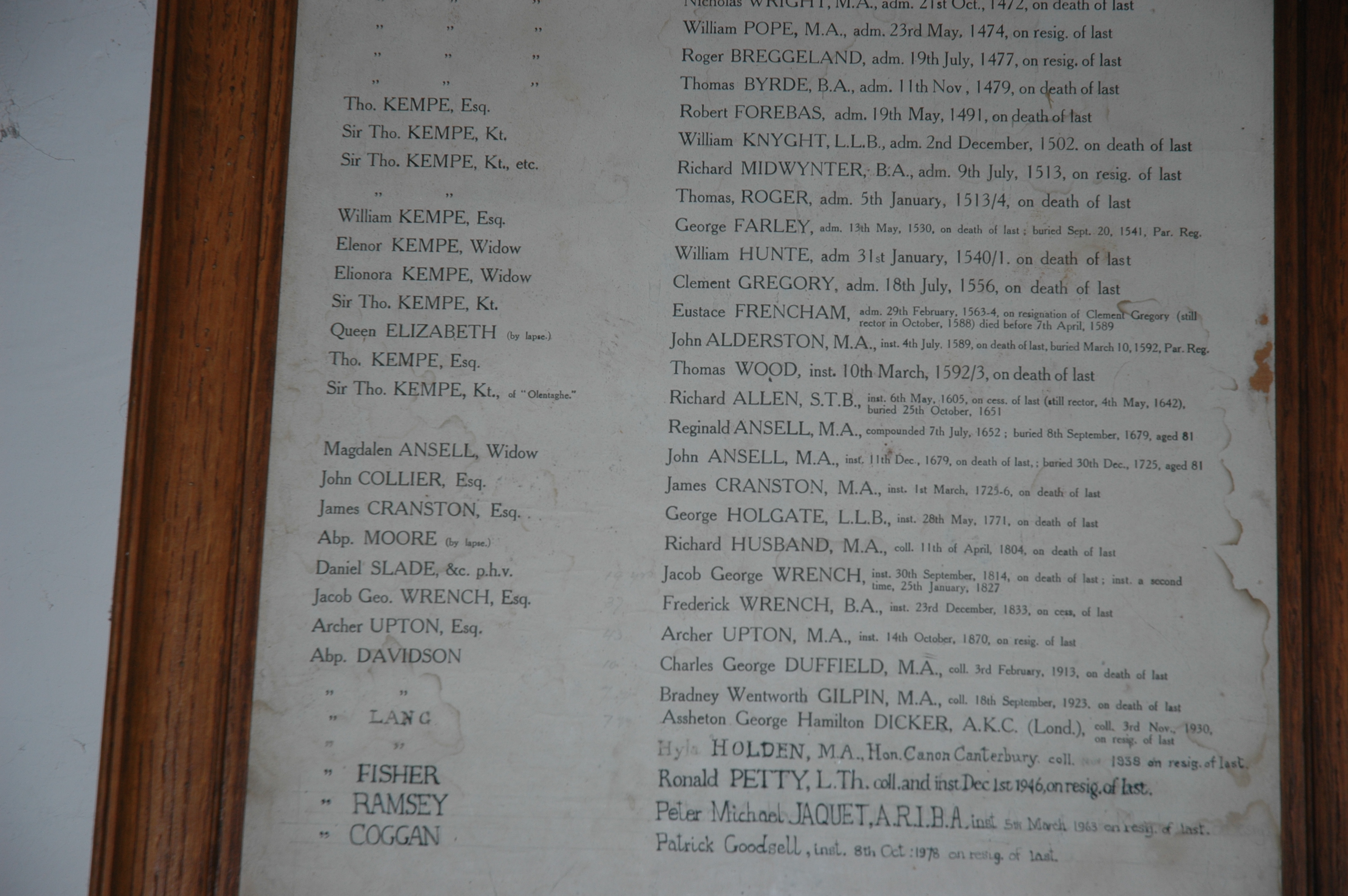 Rectors of St. Mary's, Stowting plaque