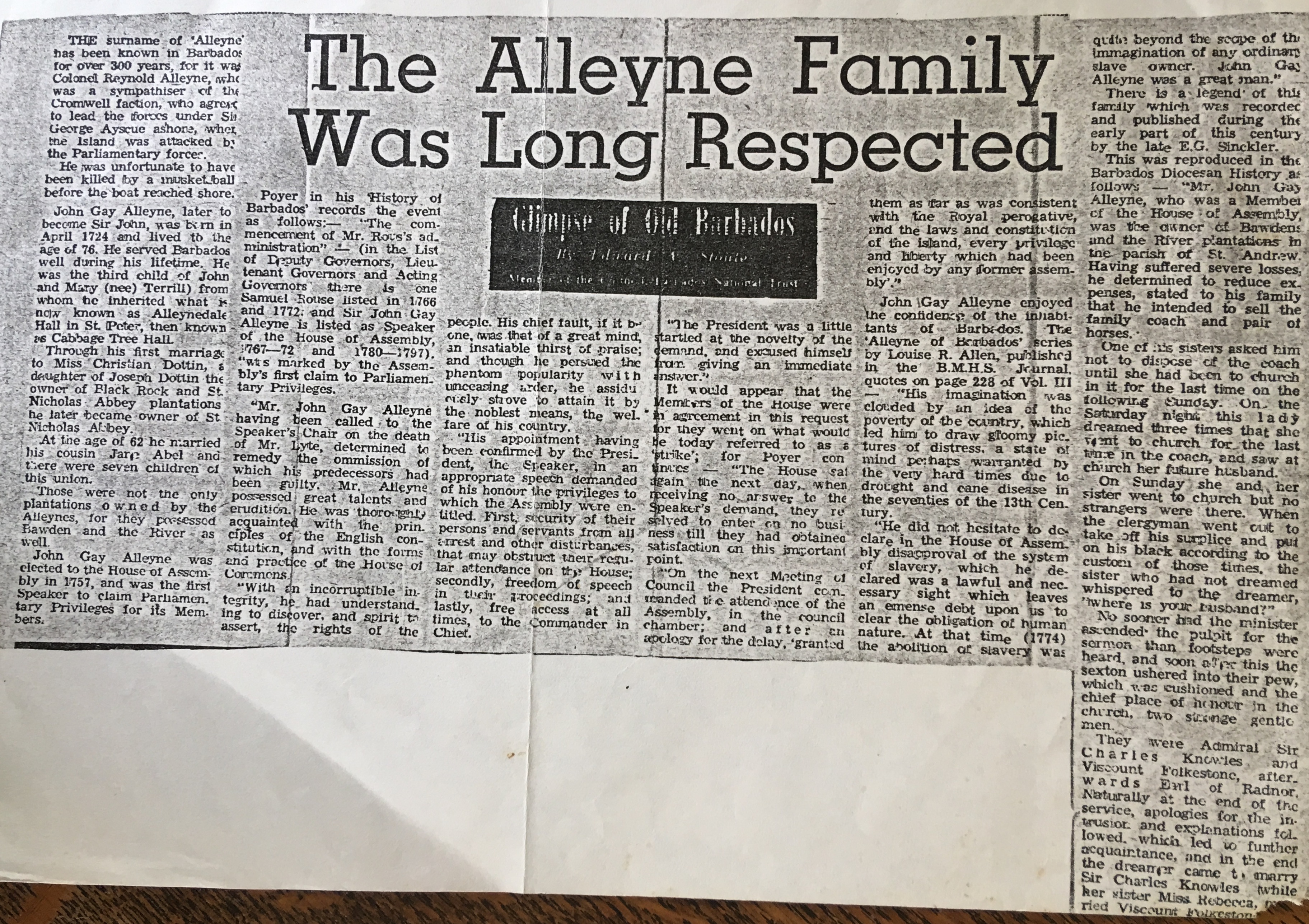 Newspaper article on the Alleyne family