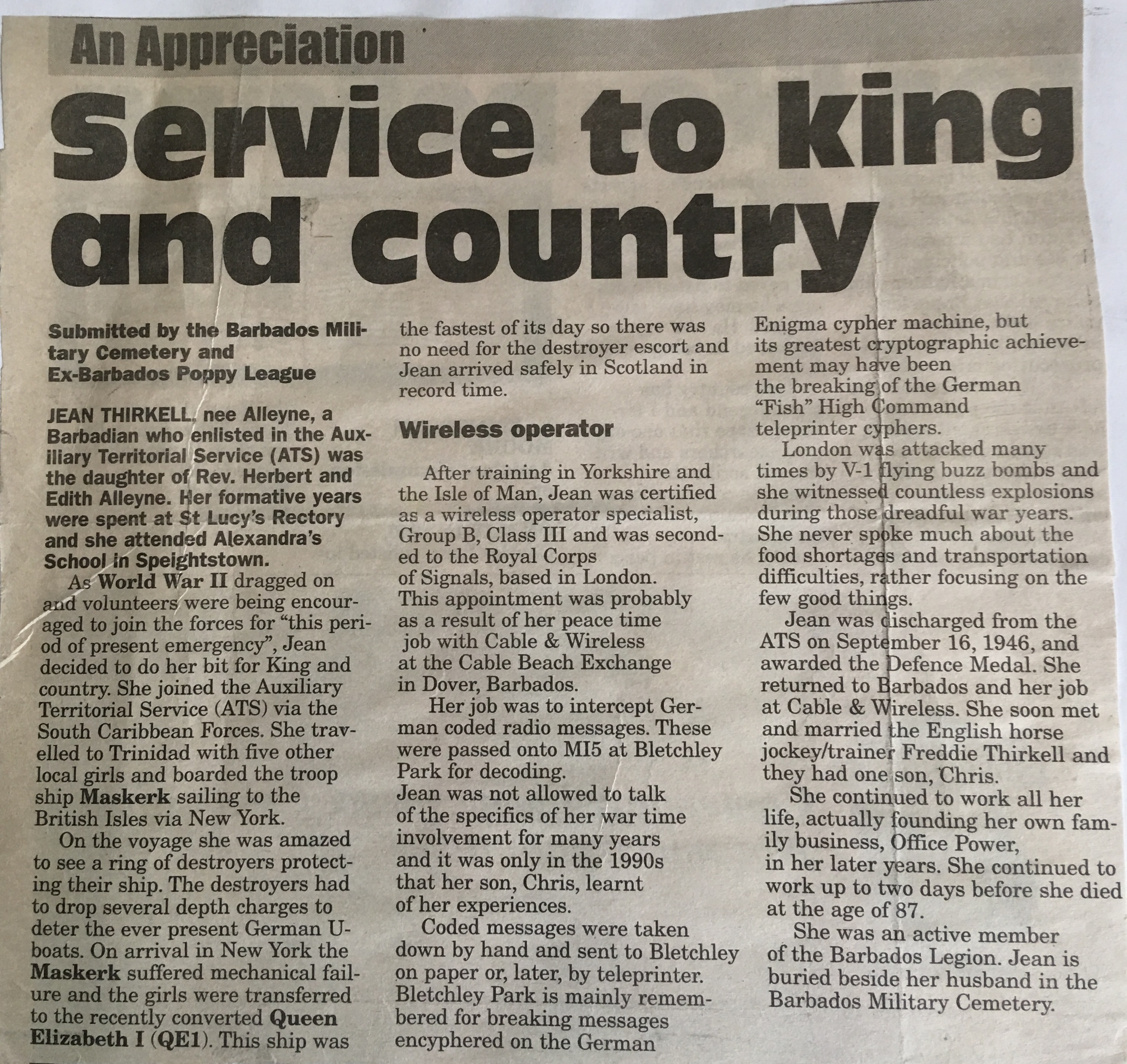 Order of service for Jean Thirkell