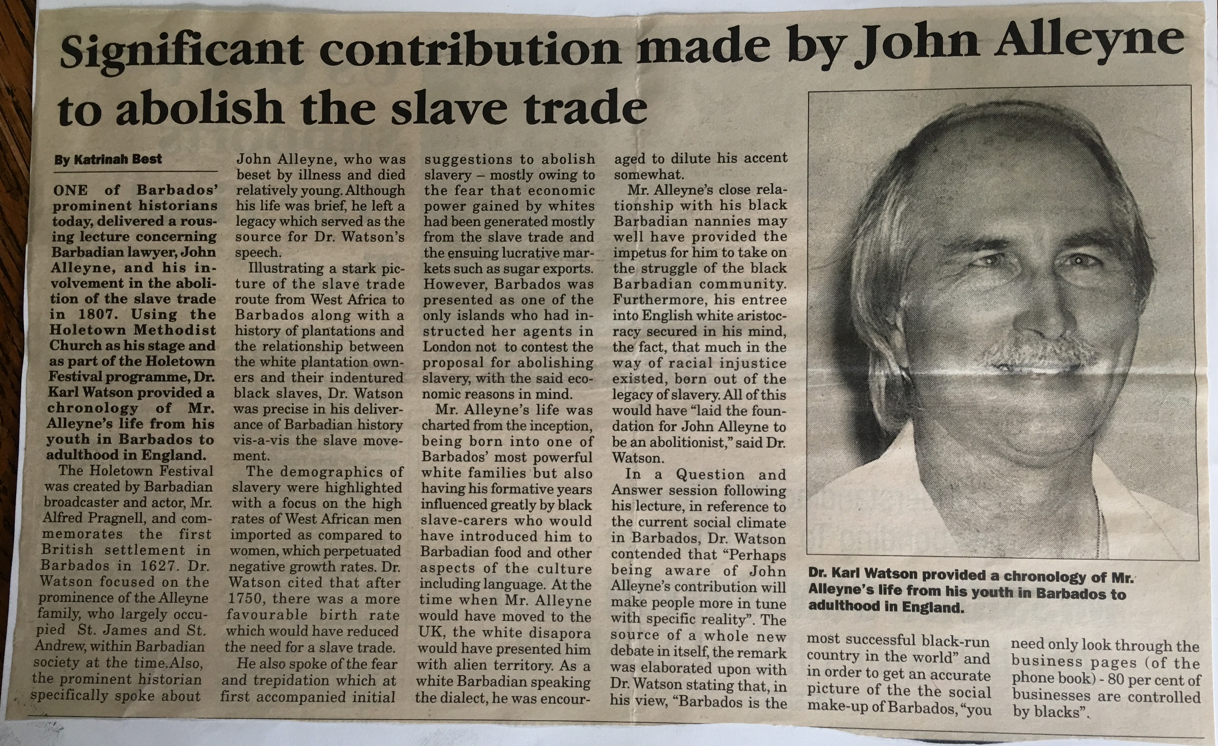 Newspaper article on John Alleyne's contribution