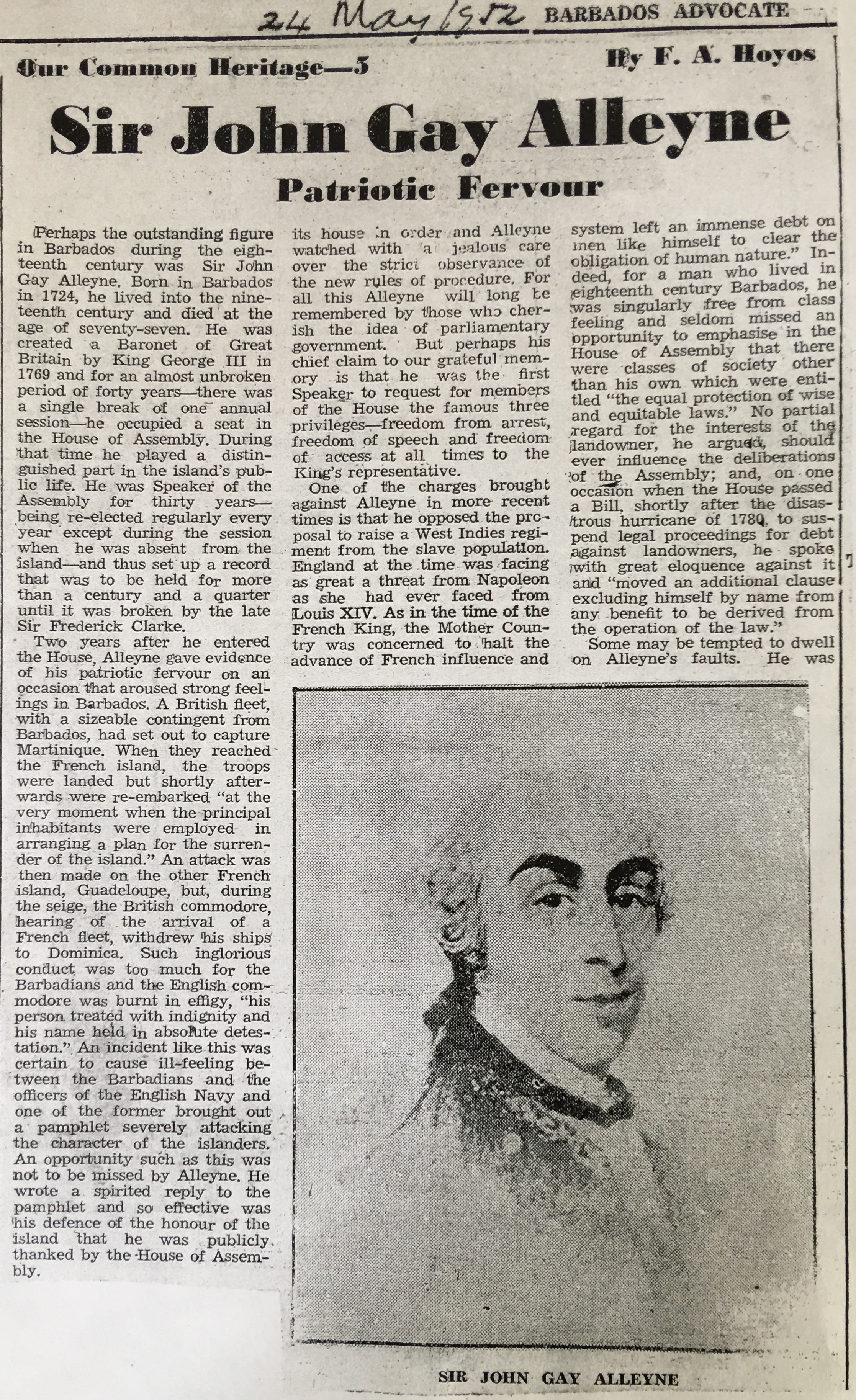 Newspaper article on Sir John Gay Alleyne